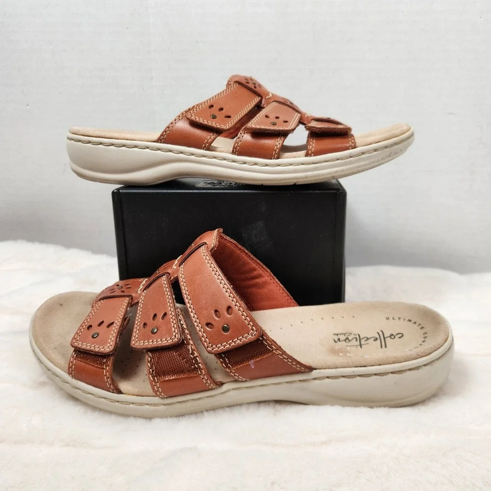 Clarks Collection Leisa Janna Tan Leather Slide Sandals Womens Sz 8 M Adjustable